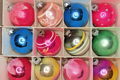 Lot VTG Glass Striped Pictured Gradient BALL Christmas Ornaments Shiny Brite USA - Image 1 of 4