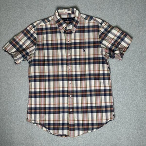 Ralph Lauren Shirt Mens Medium Blue White Red Plaid Bleeding Madras Short Sleeve - Picture 1 of 6