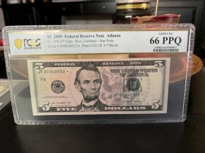 2009 $5 Star Note Atlanta PCGS 66 GEM Uncirculated PPQ Only 960K Printed - Image 1 of 3