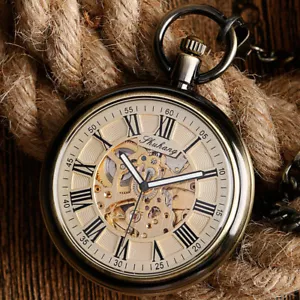 Montre de poche homme automatique mécanique à remontage automatique chiffres romains cadran visage ouvert pour homme - Photo 1/12