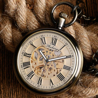 Men Automatic Mechanical Self Winding Roman Numerals Dial Open Face Pocket Watch - Image 1 of 4