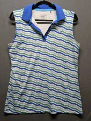 Polo de golf Puma sin mangas para mujer M azul verde a rayas Power Cool Pickleball Foto 1 de 4