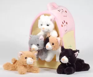 NEW Plush Cat House - 5 Stuffed Animal Cats Play House Toy Set Calico Tabby - Picture 1 of 7