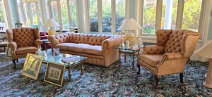 1990s VINTAGE LEATHER CRAFT TANGERINE SPECIAL AGED  3 PIECES (SOFA 2 WING CHAIRS - Picture 1 of 7