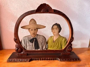 Antique Mexican PHOTO FOTOESCULTURA WOOD CARVING HAND PAINTED FOLK ART 1930's - Picture 1 of 13
