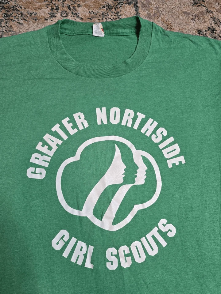 Vintage 80's Greater Northside Girl Scouts Logo Graphic T-Shirt Size M/L Green - Image 1 of 4