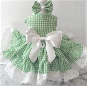 DOG HARNESS DRESS W/ MATCHING HAIR BOW  GREEN CHECK RUFFALS   FREE SHIPPING - Picture 1 of 1