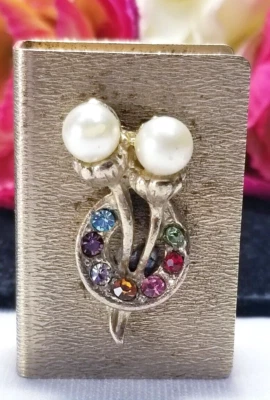 Vintage Gold Floral Pearl Rhinestone Trinket Pill Matches Box - Image 1 of 4