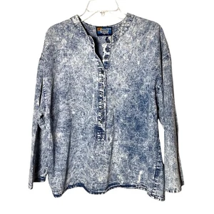 Vintage 90s Switch USA Top Acid Washed Chambray 3/4 Button Down Cotton Denim - Picture 1 of 15