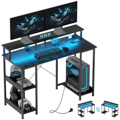 HOMCOM Scrivania PC Reversibile Prese Elettriche, Luci e Supporto Monitor Nero - Immagine 1 di 4