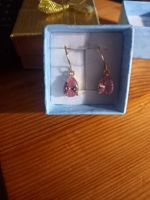 Brand New Without Tags Dangling Elegant Earrings Golden Synthetic Pink Zirconia - Image 1 of 3