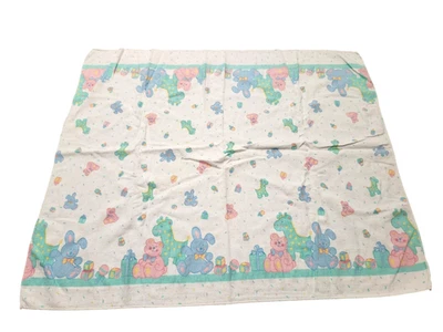 Vintage 90s Baby Receiving Flannel Blanket TEDDY BEAR BUNNY GIRAFFE Pastel Color - Image 1 of 4