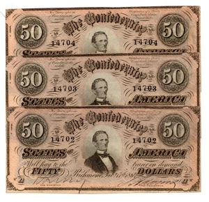 Confederate 50 Note - 1864 (3 consec. notes available) Uncirc. - Picture 1 of 2