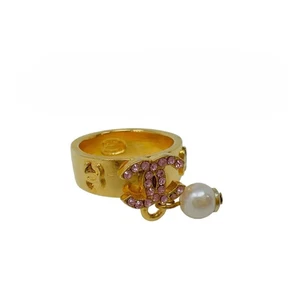 Chanel Coco Mark Ring Gold-Tone with Pink Rhinestones Logo Design Size JP13 - Picture 1 of 24