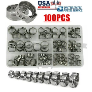 100pcs Assorted Hose Clamps Stainless Steel Ear Cinch Rings Crimp Pinch Kit - Picture 1 of 10