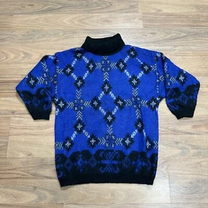 Vtg 80’s United Colors of Benetton Oversized Sweater Blue Geometric Print Medium - Picture 1 of 6
