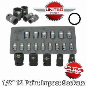 12 Point ￼Impact Socket Set 15 Pc 1/2”Square Drive Metric 10 - 24mm Foam Wrench - Picture 1 of 4