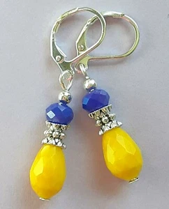 YELLOW TEARDROP & ROYAL BLUE crystal drop earring SP LEVERBACK artisan EV XX - Picture 1 of 5