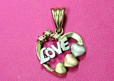 NICE SWEET REAL 14K 3-Color GOLD LOVE PENDANT w/ white sapphires heart ladies - Image 1 of 4