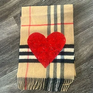 Burberry - 100% Cashmere Authentic Scarf Red Sequin Heart Nova Check Tan Plaid - Picture 1 of 5