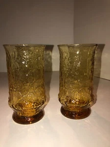 2 Vintage Anchor Hocking RAIN FLOWER Amber Glass Tumblers 1970's - Picture 1 of 6