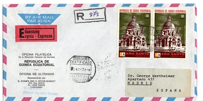 Stamps Equatorial Guinea, registered express FDC holy year to Madrid 1974 - Image 1 of 2