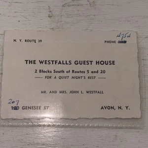 Avon, NY Westfalls Guest House Vintage Business Card - Picture 1 of 4