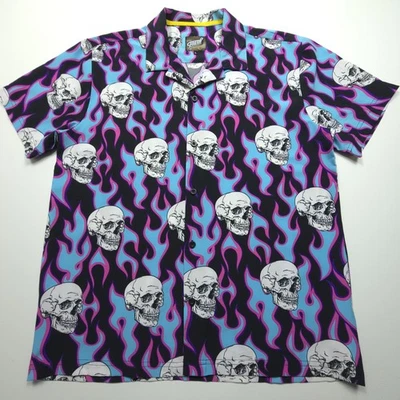 Drill Fresh Prints Bel Air Mens Shirt Large Blue Pink Black Skull Flame Camp L - Image 1 of 4