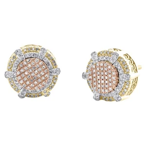 10K Tri-Color Gold Genuine Diamond 10.5mm Geometric Circle Stud Earrings 1/4 CT - Picture 1 of 5