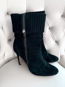 Y2K Boutique 9 Black Suede High Heel Ankle Boots w/ Ribbed Knit Cuff Rare Unique - Picture 1 of 8