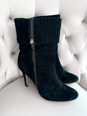 Y2K Boutique 9 Black Suede High Heel Ankle Boots w/ Ribbed Knit Cuff Rare Unique - Image 1 of 4