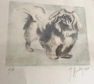 Original Colored Graphite Pen Drawing  JEAN AUSCHER  PEKINESE  Dated 1948 - Picture 1 of 14