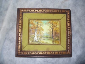 Painting Nature Trees River Inner Frame 4.5" X 3.5" Outer 9" X 8" Paul Chan ? - Picture 1 of 2