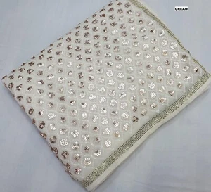 Georgette silk sequence saree indian wedding party designer white sequin sari - Picture 1 of 3
