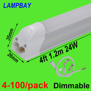 4-100/pack Dimmable LED Tube Light 4ft 1.2m 24W T5 Integrated Bulb Lamp Fixture
