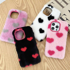 For iPhone 15 14 13 12 11 Pro Max XR Cute Love Heart Pattern Plush Fluffy Case