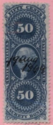 US Revenue Stamp, 1862-71, sc#R63c 1st Issue, Used, Surety Bond Cover