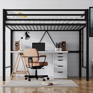 Metal Twin Loft Bed Frame with Removable Flat Ladder & Safety Guardrail, Black - Picture 1 of 10