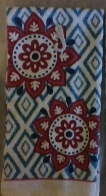 NEW KITCHEN COTTON DISH TOWEL Modern  COLORS  Mandala Flowers Teal  Ecru - Image 1 of 2