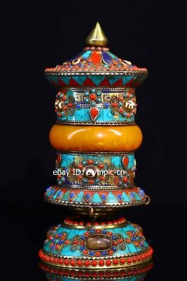 8''Tibetan bronze beeswax turquoise gem tian zhu dzi buddhism Dharma Sutra Wheel - Image 1 of 4