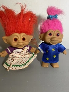 2 Trollpuppen Zauberer Guy süße Mädchen TNT 3-4"" groß 1998 1991 rot rosa Haare - Bild 1 von 7