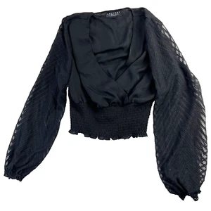 Laundry by Shelli Segal Cross Front Blouse L Black See Through Sleeves Polyester - Picture 1 of 7