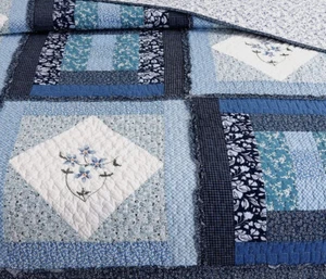 BLUE PATCHWORK 3pc King QUILT SET : COTTON COTTAGE COZY FARMHOUSE FLOWER FREESIA - Picture 1 of 7