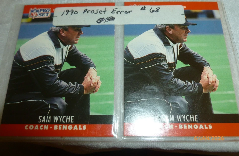 1990 Pro Set SAM WYCHE "Missing Bio" Football Error & Corrected Cards #68 - Image 1 of 2