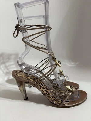Vtg Dolce & Gabbana Metallic Brown Lace Up Sandal Horn Heels 37.5 - Image 1 of 4