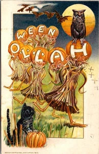 Winsch A Halloween Nightmare Witch Clown Owl Frogs Toad Cat Postcard KB142 - Picture 1 of 2