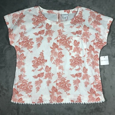 Liz Claiborne Blouse Size XL White Orange Toile Linen Blend Fringe Cap Sleeve - Image 1 of 4