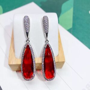 18k Gold Plated Red Garnet Gemstone Long Drop Earrings made w Swarovski Crystal