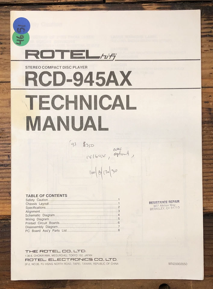 Rotel RCD-945AX CD Player  Service Manual *Original* - Image 1 of 1