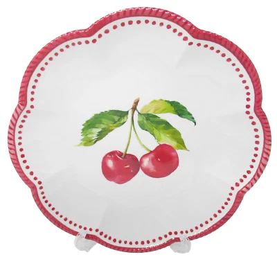 Juego de 4 platos de cena de melamina cerezas rojas sobre borde de vieira roja blanca 11" nuevo Foto 1 de 2